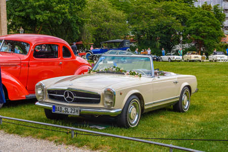 BADEN BADEN, GERMANY - JULY 2019: white beige MERCEDES 280 SL PAGODE W113 1963 1971 cabrio, oldtimer...