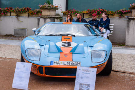 BADEN BADEN, GERMANY - JULY 2019: light blue orange FORD GT40 GT sport racing car, oldtimer meeting...
