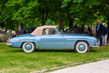 BADEN BADEN, GERMANY - JULY 2019: blue azure beige MERCEDES-BENZ 190 SL roadster cabrio 1955 1963,...