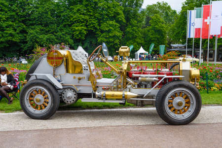 BADEN BADEN, GERMANY - JULY 2019: white golden AMERICAN LaFrance cabrio roadster 1917, oldtimer...