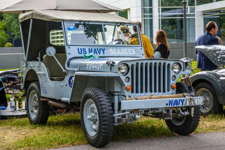 BADEN BADEN, GERMANY - JULY 2019: steel blue JEEP WILLYS MB FORD GPW G503 military SUV 1940 1945, oldtimer meeting in Kurpark.のeditorial素材