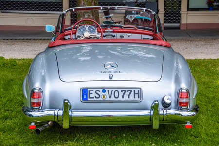 BADEN BADEN, GERMANY - JULY 2019: silver gray MERCEDES-BENZ 190 SL roadster cabrio 1955 1963,...
