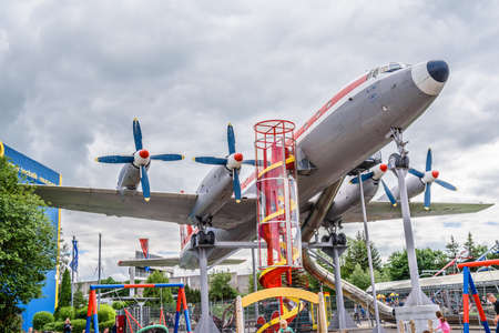 SINSHEIM, GERMANY - MAI 2022: white red Ilyushin Il-18 soviet turboprop airliner 1957