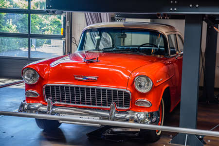 SINSHEIM, GERMANY - MAI 2022: red beige cabrio Chevrolet Bel Air 1955 full-size car