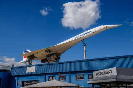SINSHEIM, GERMANY - MAI 2022: white supersonic airliner Concorde F-BVFB 1969 and gray orange Aero...