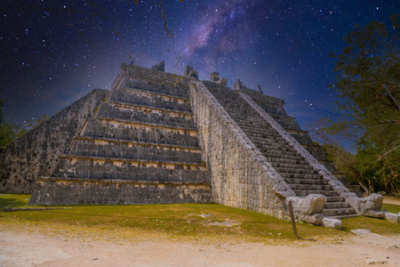 Ruins of El Osario pyramid, Chichen Itza, Yucatan, Mexico, Maya civilization with Milky Way Galaxy...