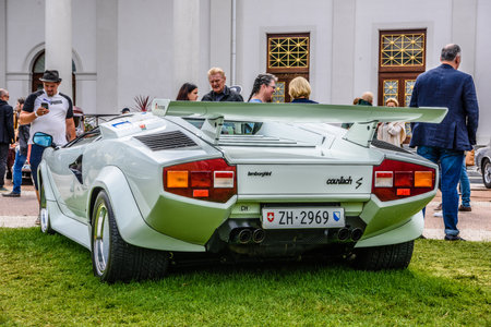 BADEN BADEN, GERMANY - JULY 2019: white LAMBORGHINI COUNTACH 1974 1990 sport car, oldtimer meeting in Kurpark.のeditorial素材