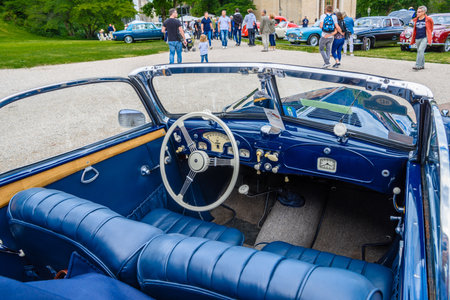BADEN BADEN, GERMANY - JULY 2019: blue leather interior of BMW 501 502 luxury saloon cabrio roadster 1952 1964, oldtimer meeting in Kurpark.のeditorial素材