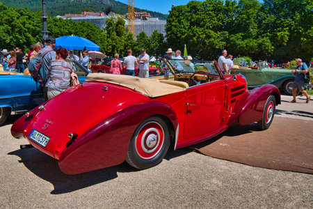 BADEN BADEN, GERMANY - JULY 2022: red Bugatti Type 57 Ventoux 1935 135ps cabrio roadster, oldtimer meeting in Kurpark.のeditorial素材