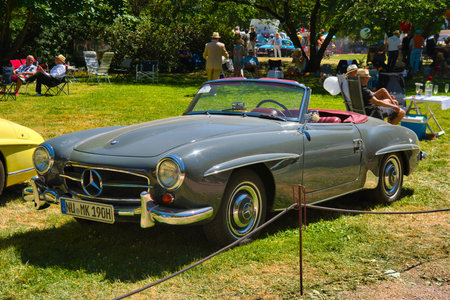 BADEN BADEN, GERMANY - JULY 2022: gray Mercedes-Benz 190 SL W121 1955, oldtimer meeting in Kurpark.