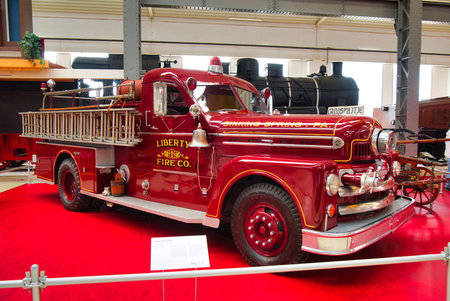 SPEYER, GERMANY - OCTOBER 2022: red SEAGRAVES PUMPER 1958 retro fire truck in the Technikmuseum...