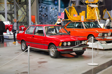 SPEYER, GERMANY - OCTOBER 2022: red BMW 3 3er Series E21 retro car in the Technikmuseum Speyer.のeditorial素材