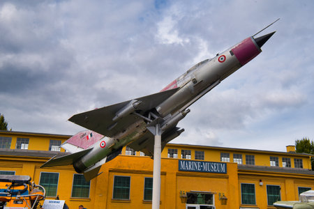 SPEYER, GERMANY - OCTOBER 2022: gray gray red Mikoyan-Gurevich MiG-21 Fishbed 1955 a Soviet supersonic jet fighter and interceptor aircraft in the Technikmuseum Speyer.のeditorial素材