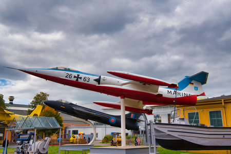 SPEYER, GERMANY - OCTOBER 2022: white red Lockheed F-104 Starfighter american West German Luftwaffe supersonic air superiority jet fighter-bomber combat trainer aircraft in the Technikmuseum Speyer.のeditorial素材