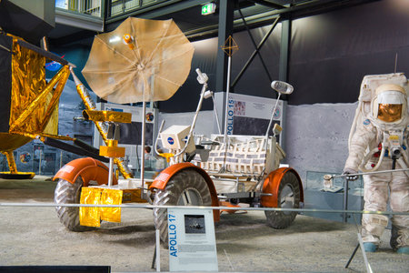 SPEYER, GERMANY - OCTOBER 2022: american US APOLLO 15 17 austronaut and Lunar Roving Vehicle LRV Moon car 1971 in the Technikmuseum Speyer.のeditorial素材