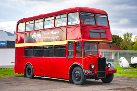 SPEYER, GERMANY - OCTOBER 2022: red AEC Routemaster 1954 British double-decker bus from London in the Technikmuseum Speyer.のeditorial素材