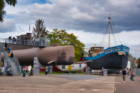 SPEYER, GERMANY - OCTOBER 2022: gray gray U-Boat U9 S188 type 205 1964 german navy military submarine in the Technikmuseum Speyer.のeditorial素材