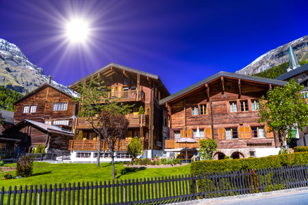 Chalet and hotels in swiss village in Alps, Leukerbad, Leuk, Visp, Wallis, Valais Switzerland