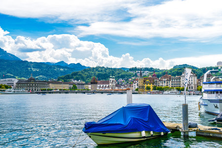 Boat in the Lake Lucerne near city Lucerne, Luzern Switzerland.の写真素材