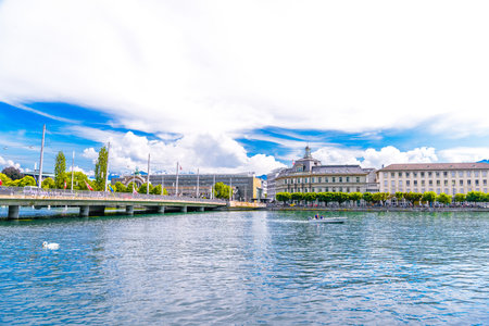 Bridge in the Lake Lucerne near city Lucerne, Luzern Switzerland.の写真素材