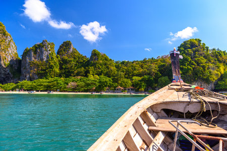 Boat bow in the sea near Ao Phra Nang Beach, Ao Nang, Krabi, Thailand.の写真素材