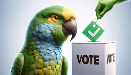 A green parrot with a yellow head, styled as a caricature to represent a 'provocative' character using its clever beak is observing the voting process.の素材