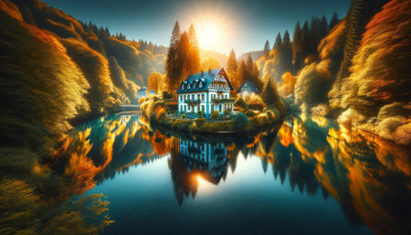 A fairy tale house near the river with mirror reflection in water in the yellow forest during autumn, Switzerland on a sunny day.の素材