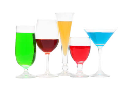 five glasses with different color liquid over whiteの写真素材