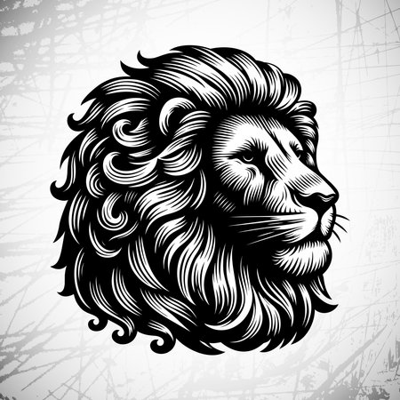 Lion head on grunge background. Vector illustration. Black and white.のイラスト素材