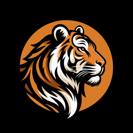 Tiger head vector logo template on black background. Suitable for sports team, badge, icon, label, sticker.のイラスト素材