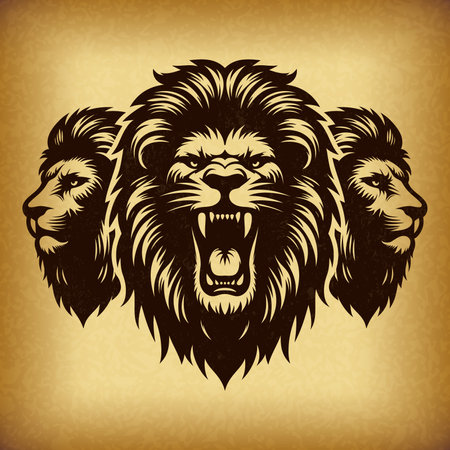Three lion heads in vintage style. Vector illustration.のイラスト素材