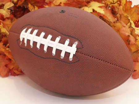 Footbal sits in front of Fall leaves.の写真素材