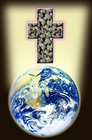 Cross of rock shines above world.の写真素材