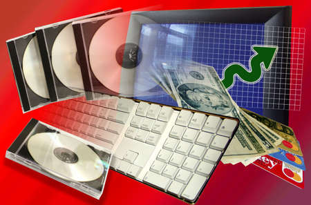 Striking collage of online business with CDs, computer, keyboard, money, and upward trending chart.の写真素材
