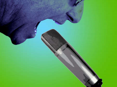 Edgy, photo illustration of middle aged man shouting into studio microphone.の写真素材