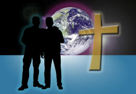 Illustration of two mail friends silhouettes with world and cross in background.の写真素材