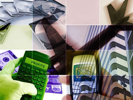Business, transportation, profits, and technology are the subjects of this photo-illustration presented on a grid.の写真素材