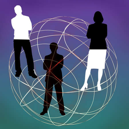 Three member business team stands on 3D World grid with arms crossed in determination.の写真素材