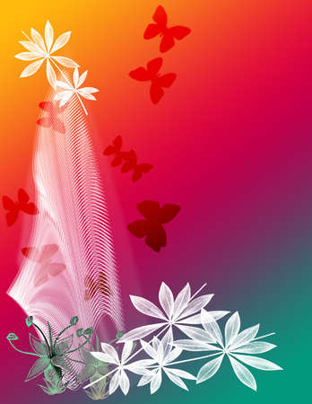 Bright background illustration featuring floral prints, and butterfly silhouettes.の写真素材