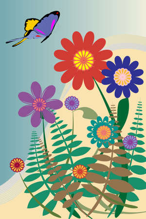 Bright floral garden with butterfly -- vector format.のイラスト素材
