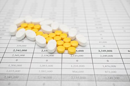 Pile of white and yellow pills for painkiller on finance report.