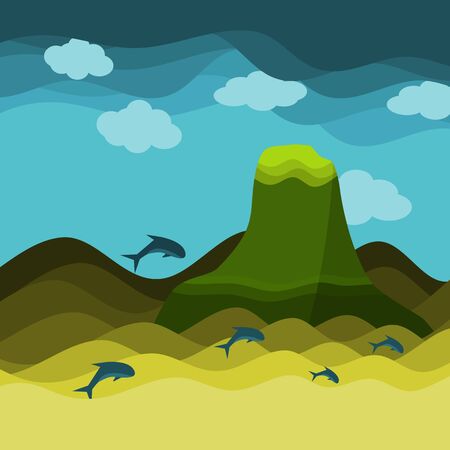 Big mountain in ocean with dolphin and sky with cloud background, seascape texture vector illustration and copy space.のイラスト素材