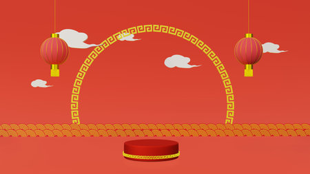 Red podium with golden girdle or stage background for show product have lamp and clouds on red and gold background with copy space 3d render. Chinese new year season concept.の写真素材
