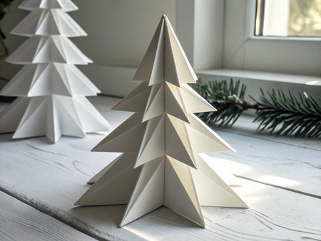 Christmas tree made of paper on the background of the window. Christmas concept.の素材