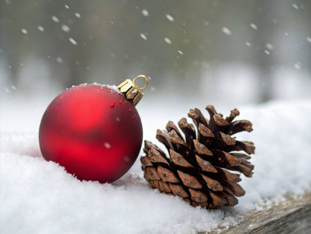 Christmas decoration with pine cone and red ball on snow in winter forestの素材