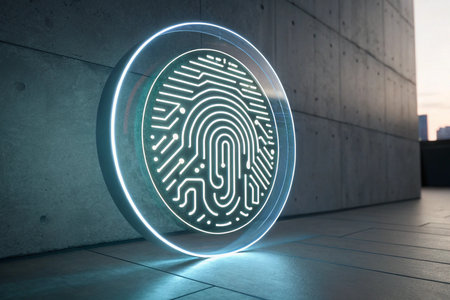 Fingerprint icon on concrete wall. 3d rendering toned imageの素材