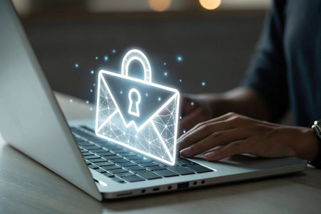 Businessman hand using laptop with padlock icon on screen, cyber security conceptの素材