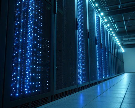 network server room data center with racks and rows of bright glowing lightsの素材