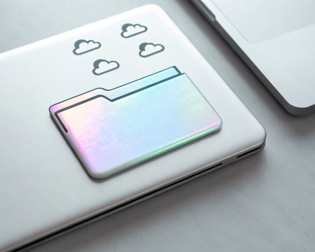 Laptop and cloud computing concept. Close up of laptop with cloud computing symbolの素材