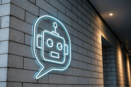 Neon robot in chat bubble on brick wall. 3d renderingの素材